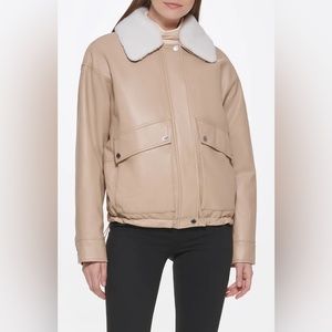 NWT KENNETH COLE NEW YORK BATWING FAUX SHEARLING COLLARED FAUX LEATHER COAT